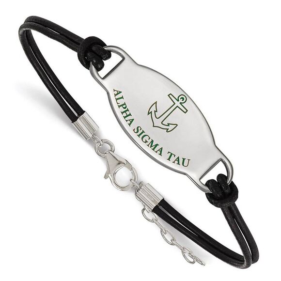 Sterling Silver Alpha Sigma Tau Enamel Blk Leather Bracelet - 7 in. - Picture 1 of 4